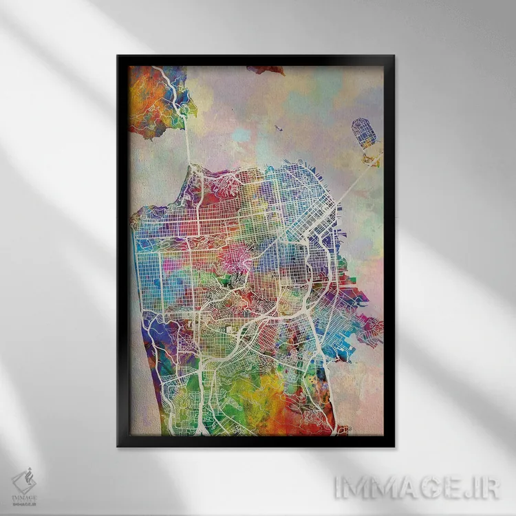 تابلو دکوراتیو نقشه خیابان های شهر سان فرانسیسکو I اثر مایکل تامپست - نمای قابدار مشکی