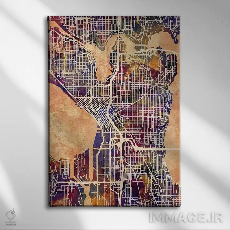 تابلو دکوراتیو نقشه خیابان های سیاتل واشنگتن II اثر مایکل تامپست - نمای روبهرو روی دیوار