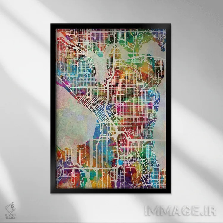 تابلو دکوراتیو نقشه خیابان های سیاتل واشنگتن I اثر مایکل تامپست - نمای قابدار مشکی