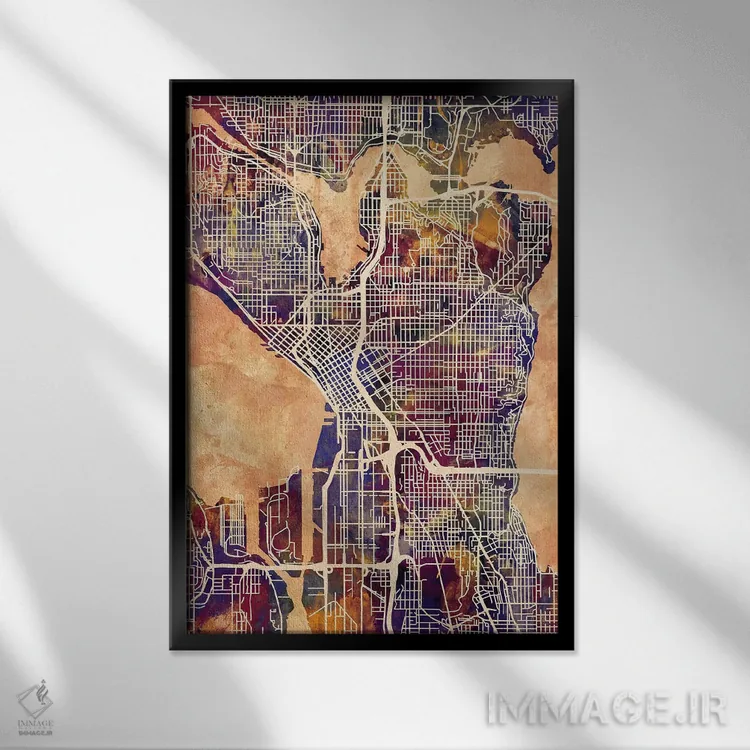 تابلو دکوراتیو نقشه خیابان های سیاتل واشنگتن II اثر مایکل تامپست - نمای قابدار مشکی