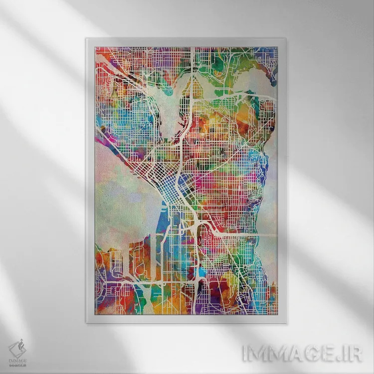 تابلو دکوراتیو نقشه خیابان های سیاتل واشنگتن I اثر مایکل تامپست - نمای قابدار سفید