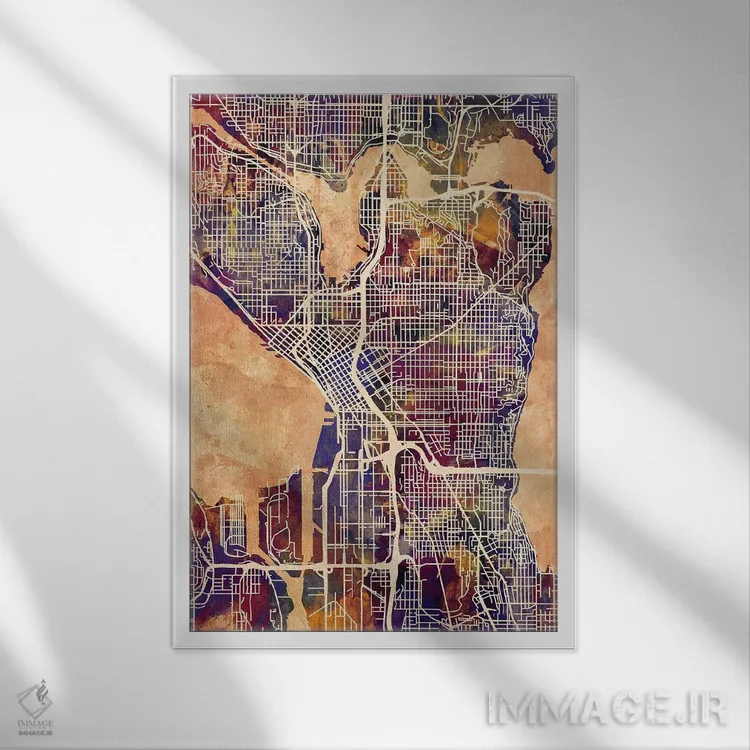 تابلو دکوراتیو نقشه خیابان های سیاتل واشنگتن II اثر مایکل تامپست - نمای قابدار سفید