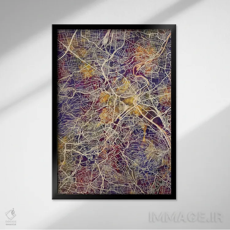 تابلو دکوراتیو نقشه شهر اشتوتگارت آلمان II اثر مایکل تامپست - نمای قابدار مشکی