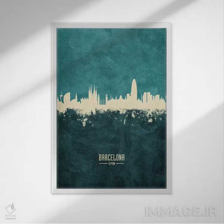 تابلو دکوراتیو منظره خط افق بارسلونا اسپانیا اثر مایکل تامپست - نمای قابدار سفید