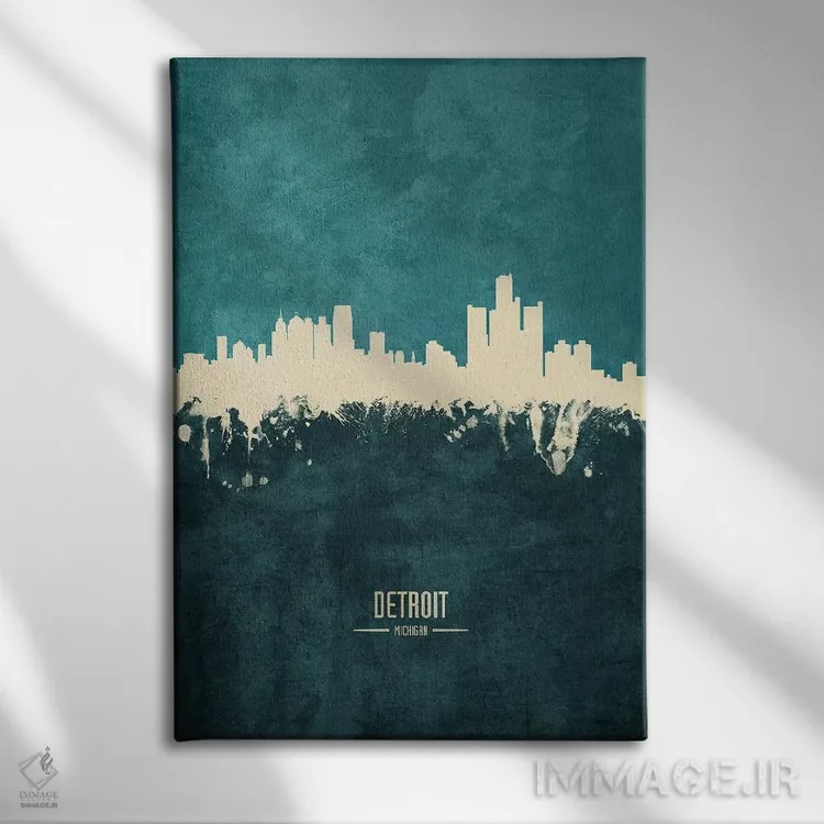 تابلو دکوراتیو منظره خط افق دیترویت، میشیگان اثر مایکل تامپست - نمای روبهرو روی دیوار