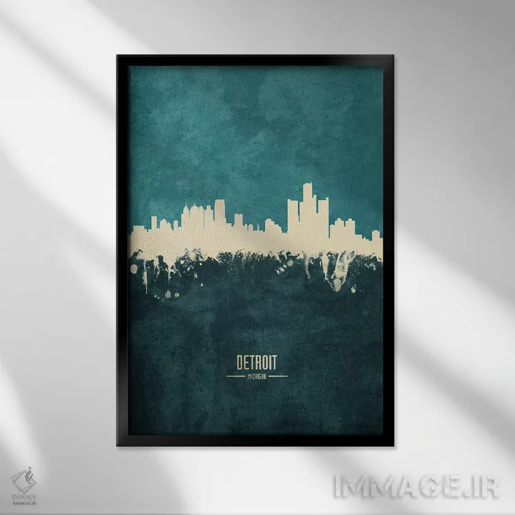 تابلو دکوراتیو منظره خط افق دیترویت، میشیگان اثر مایکل تامپست - نمای قابدار مشکی