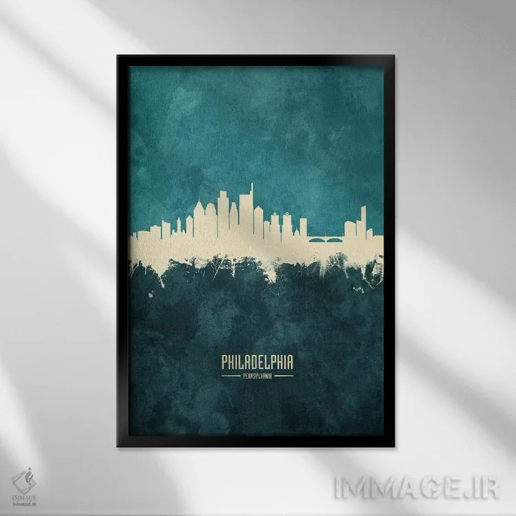 تابلو دکوراتیو منظره خط افق فیلادلفیا، پنسیلوانیا اثر مایکل تامپست - نمای قابدار مشکی