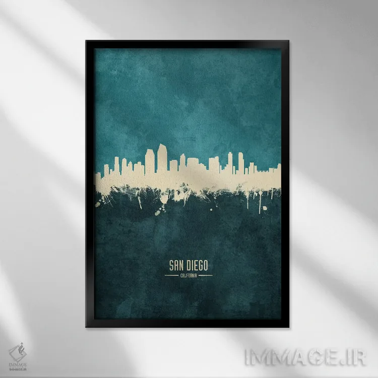 تابلو دکوراتیو افق شهر سن دیه گو، کالیفرنیا اثر مایکل تامپست - نمای قابدار مشکی