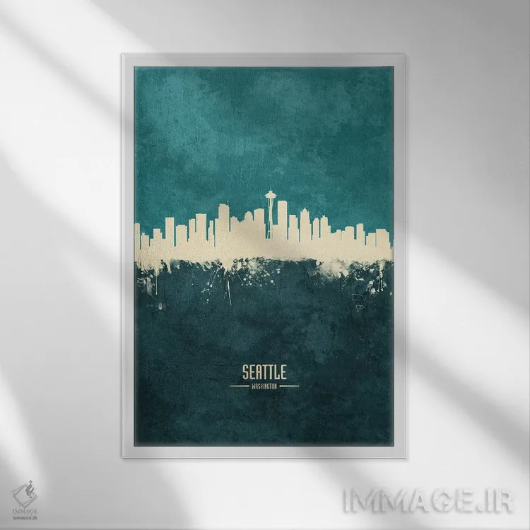 تابلو دکوراتیو افق شهر سیاتل، واشنگتن اثر مایکل تامپست - نمای قابدار سفید