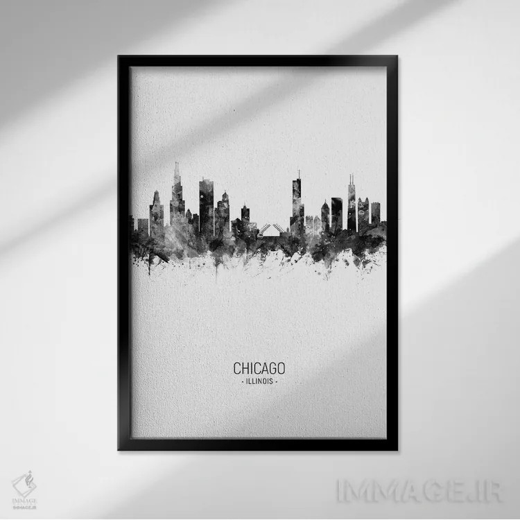 تابلو دکوراتیو خط افق پرتره شیکاگو ایلینوی سیاه و سفید اثر مایکل تامپست - نمای قابدار مشکی