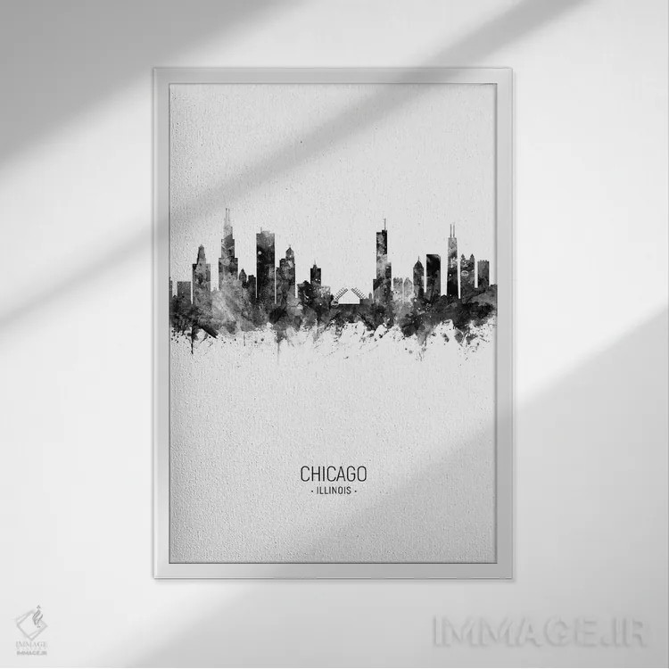 تابلو دکوراتیو خط افق پرتره شیکاگو ایلینوی سیاه و سفید اثر مایکل تامپست - نمای قابدار سفید