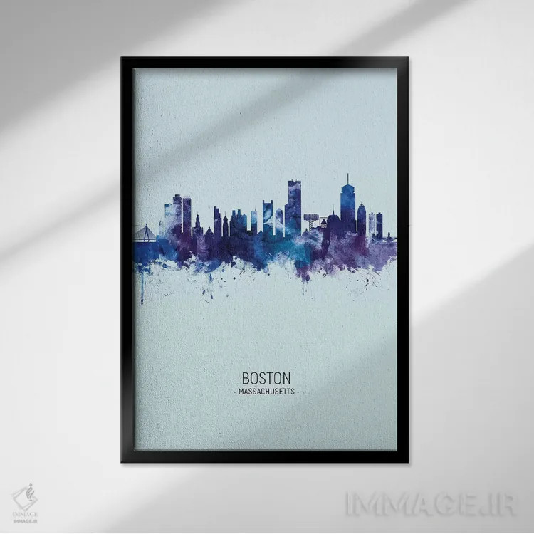 تابلو دکوراتیو خط افق پرتره بوستون ماساچوست آبی تیره اثر مایکل تامپست - نمای قابدار مشکی
