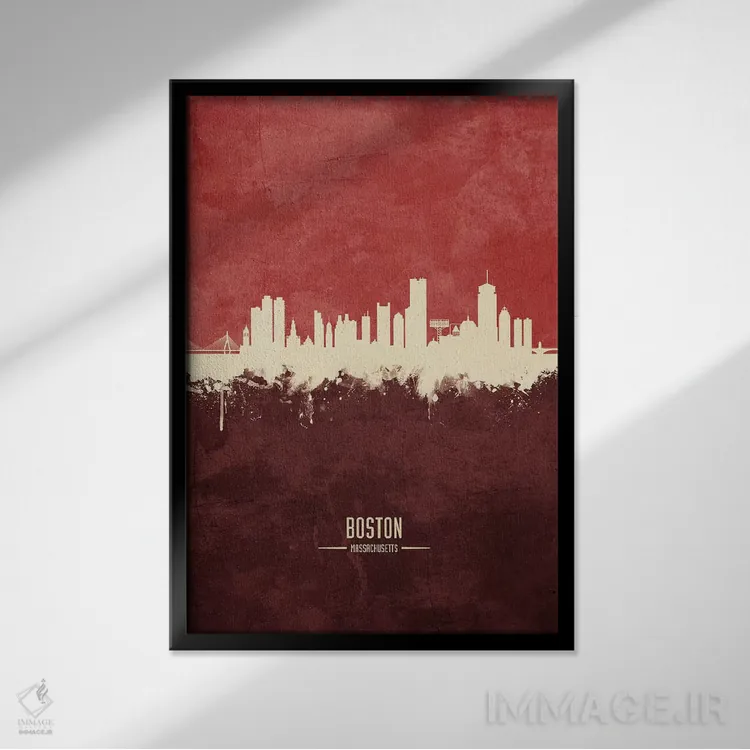 تابلو دکوراتیو خط افق بوستون ماساچوست بورگاندی اثر مایکل تامپست - نمای قابدار مشکی