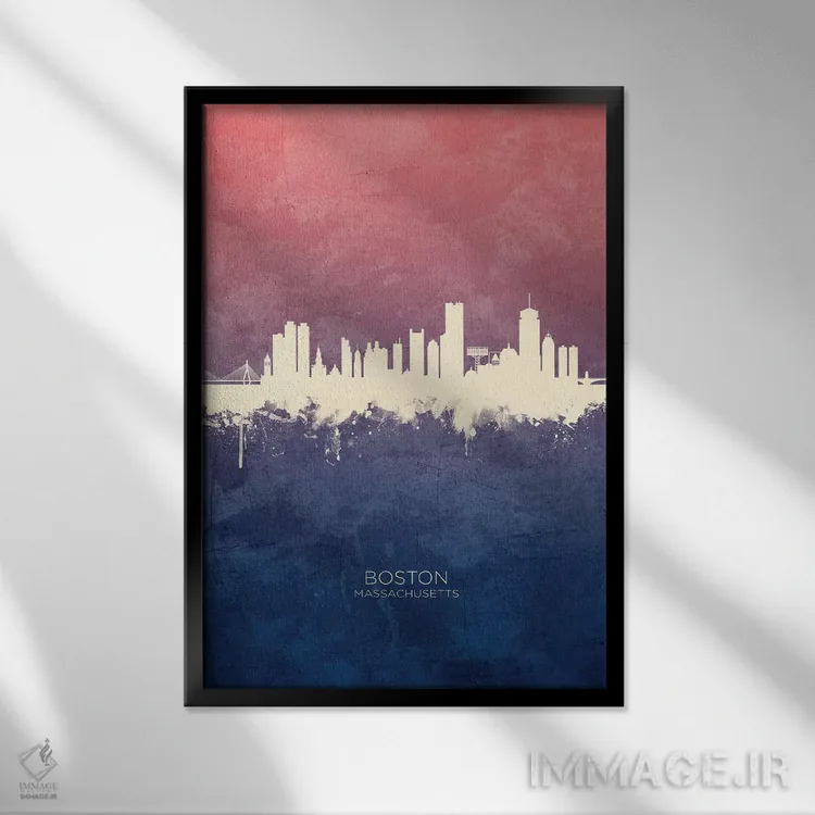 تابلو دکوراتیو خط افق بوستون ماساچوست با گل رز آبی اثر مایکل تامپست - نمای قابدار مشکی