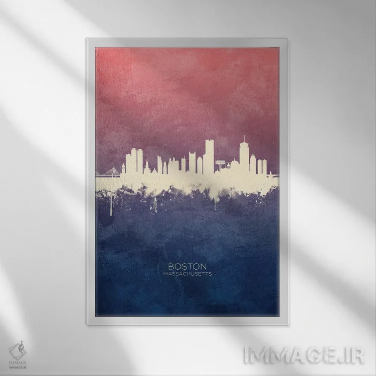 تابلو دکوراتیو خط افق بوستون ماساچوست با گل رز آبی اثر مایکل تامپست - نمای قابدار سفید