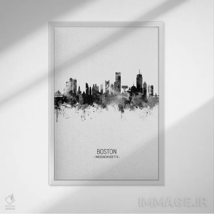 تابلو دکوراتیو خط افق پرتره بوستون ماساچوست سیاه و سفید اثر مایکل تامپست - نمای قابدار سفید