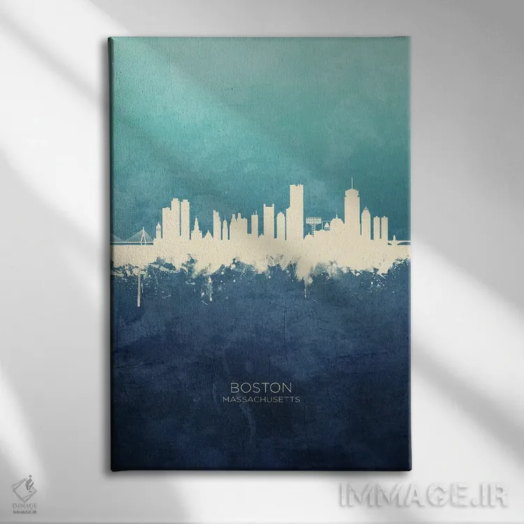 تابلو دکوراتیو خط افق بوستون ماساچوست سرمه ای فیروزه ای اثر مایکل تامپست - نمای روبهرو روی دیوار