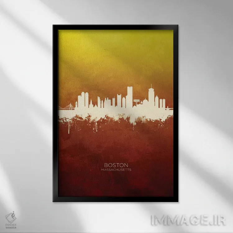 تابلو دکوراتیو خط افق بوستون ماساچوست قرمز و طلایی اثر مایکل تامپست - نمای قابدار مشکی
