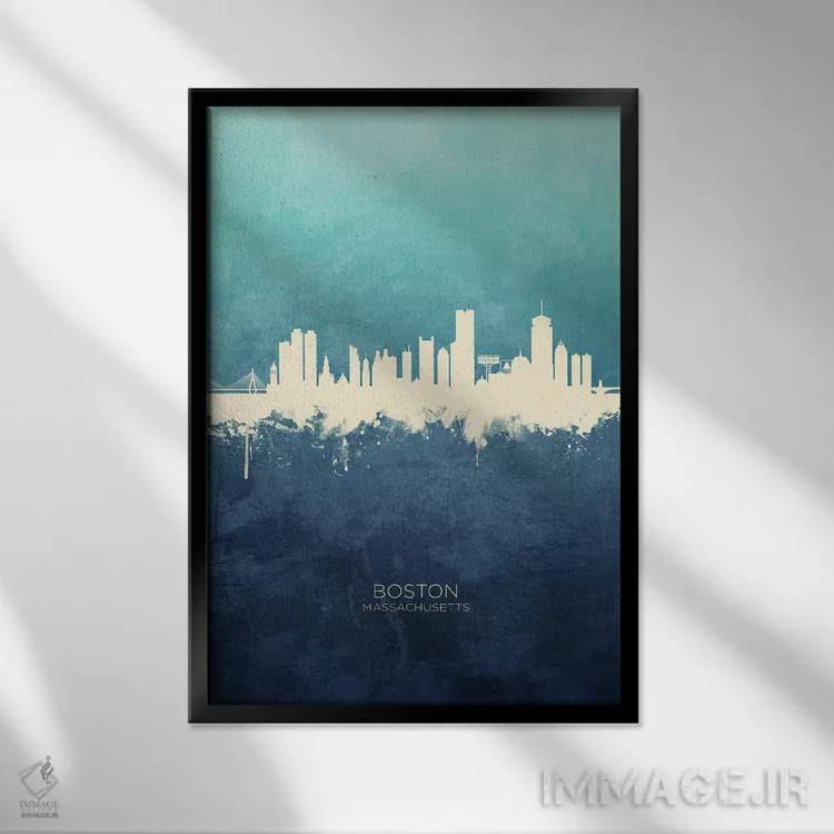 تابلو دکوراتیو خط افق بوستون ماساچوست سرمه ای فیروزه ای اثر مایکل تامپست - نمای قابدار مشکی