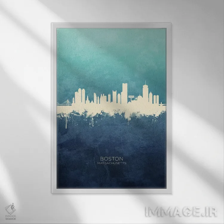 تابلو دکوراتیو خط افق بوستون ماساچوست سرمه ای فیروزه ای اثر مایکل تامپست - نمای قابدار سفید