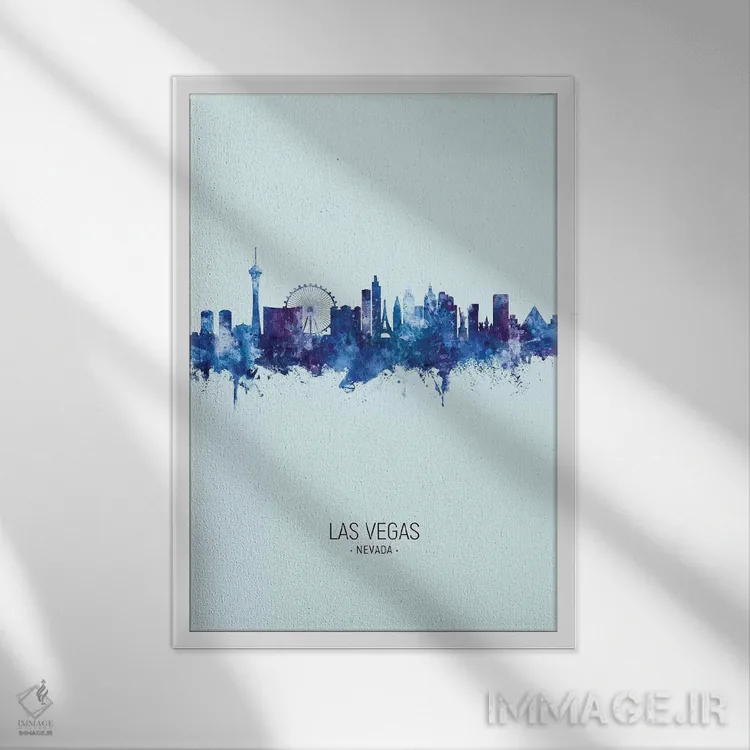 تابلو دکوراتیو خط افق لاس وگاس نوادا پرتره آبی تیره اثر مایکل تامپست - نمای قابدار سفید