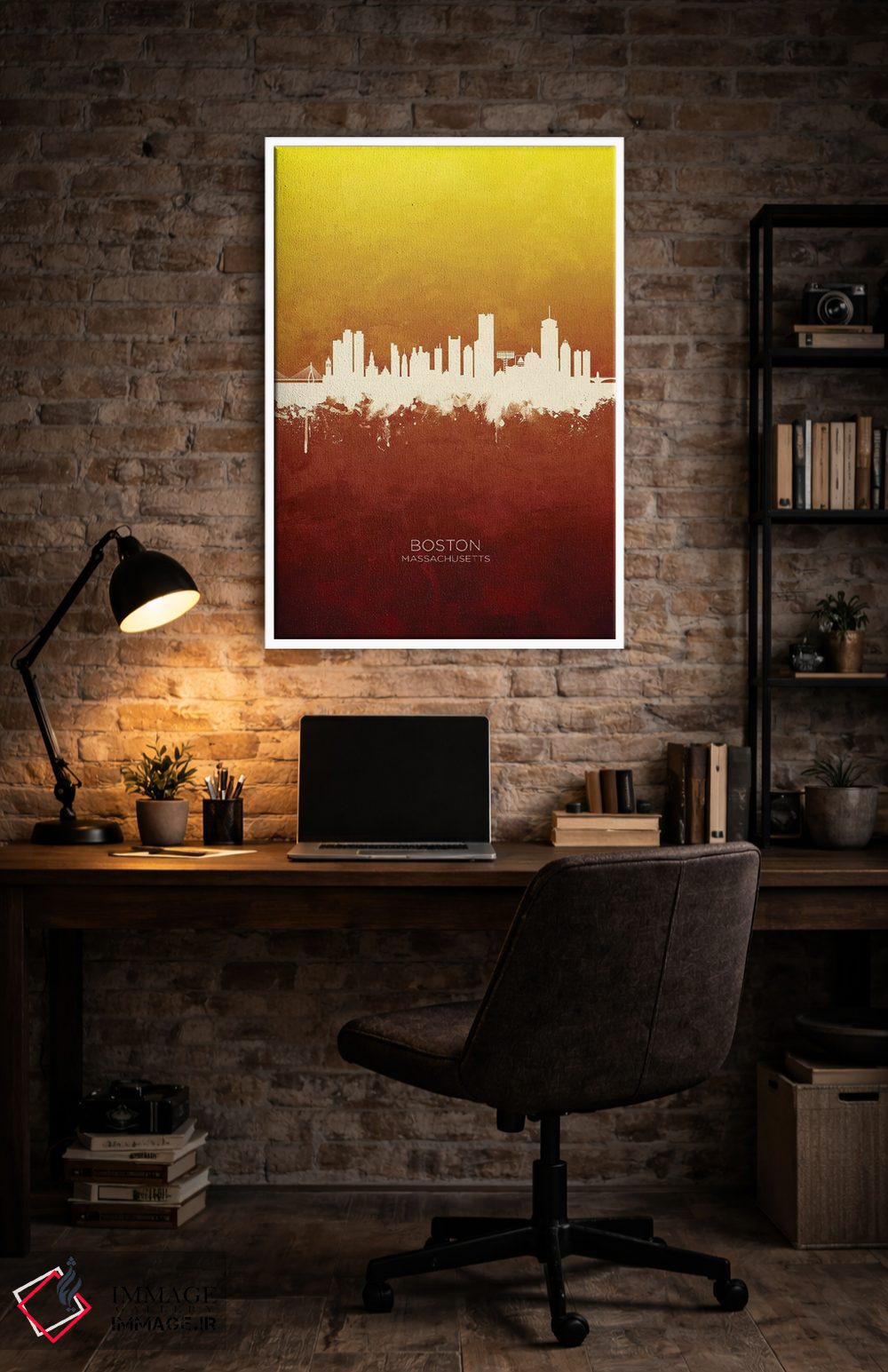 تابلو دکوراتیو خط افق بوستون ماساچوست قرمز و طلایی اثر مایکل تامپست - D4W