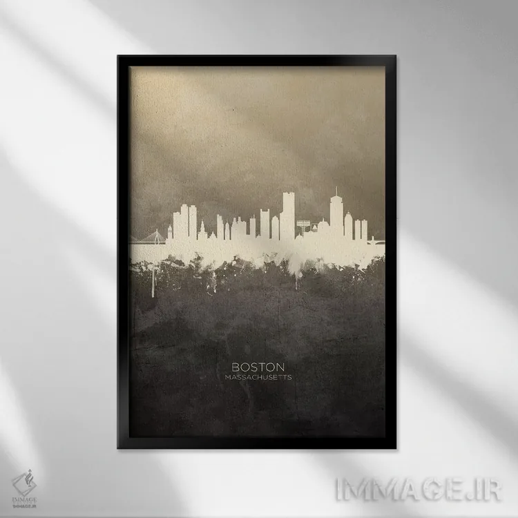 تابلو دکوراتیو خط افق بوستون ماساچوست خاکستری مایل به قهوه ای اثر مایکل تامپست - نمای قابدار مشکی