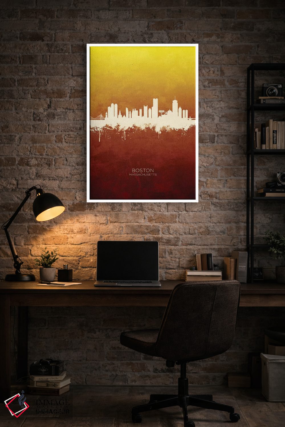 تابلو دکوراتیو خط افق بوستون ماساچوست قرمز و طلایی اثر مایکل تامپست - D3W