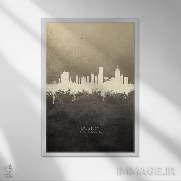 تابلو دکوراتیو خط افق بوستون ماساچوست خاکستری مایل به قهوه ای اثر مایکل تامپست - نمای قابدار سفید