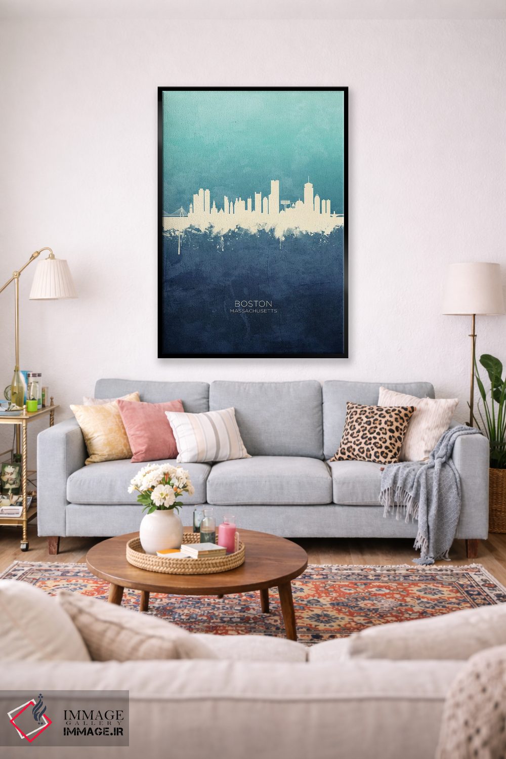 تابلو دکوراتیو خط افق بوستون ماساچوست سرمه ای فیروزه ای اثر مایکل تامپست - D1B