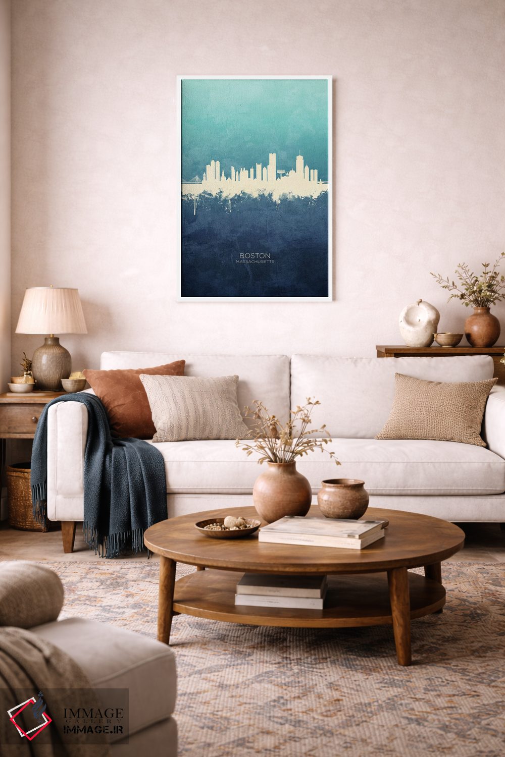 تابلو دکوراتیو خط افق بوستون ماساچوست سرمه ای فیروزه ای اثر مایکل تامپست - D2W