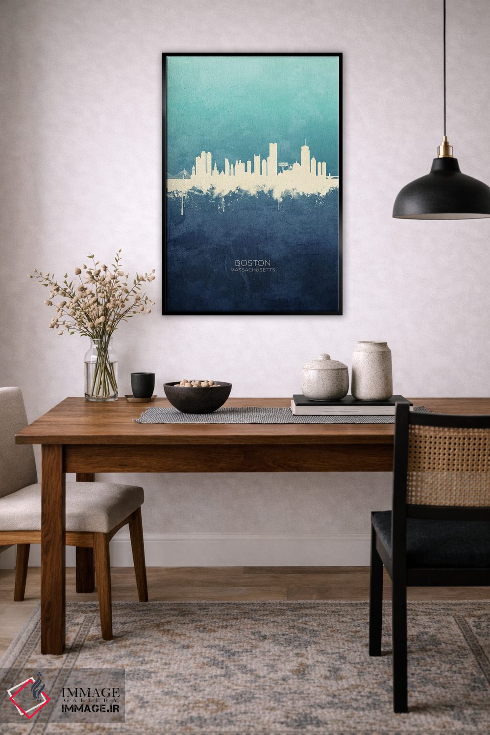 تابلو دکوراتیو خط افق بوستون ماساچوست سرمه ای فیروزه ای اثر مایکل تامپست - D5B