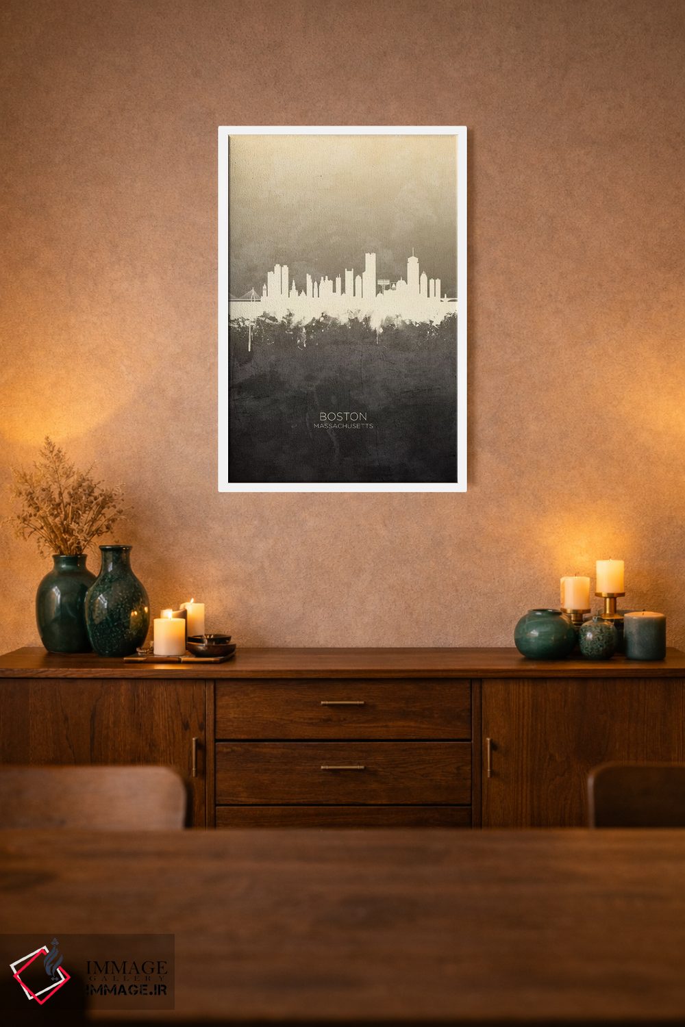 تابلو دکوراتیو خط افق بوستون ماساچوست خاکستری مایل به قهوه ای اثر مایکل تامپست - D2W