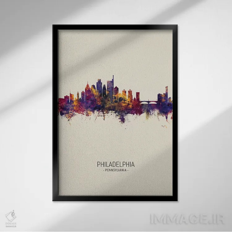 تابلو دکوراتیو خط افق فیلادلفیا پنسیلوانیا در پاییز اثر مایکل تامپست - نمای قابدار مشکی