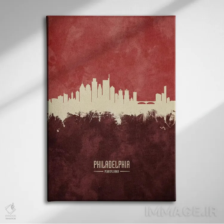 تابلو دکوراتیو خط افق فیلادلفیا بورگاندی اثر مایکل تامپست - نمای روبهرو روی دیوار