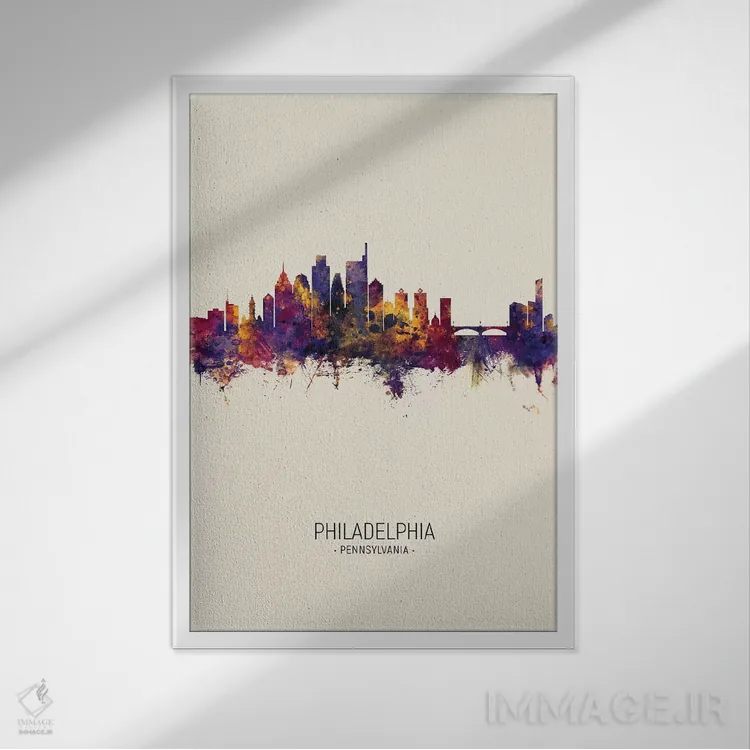 تابلو دکوراتیو خط افق فیلادلفیا پنسیلوانیا در پاییز اثر مایکل تامپست - نمای قابدار سفید