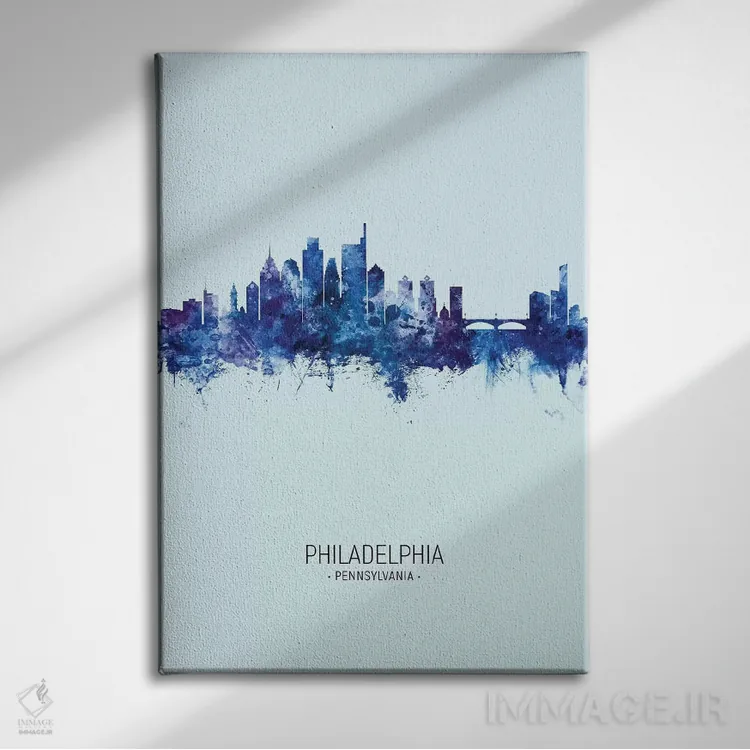 تابلو دکوراتیو خط افق پرتره فیلادلفیا آبی تیره اثر مایکل تامپست - نمای روبهرو روی دیوار