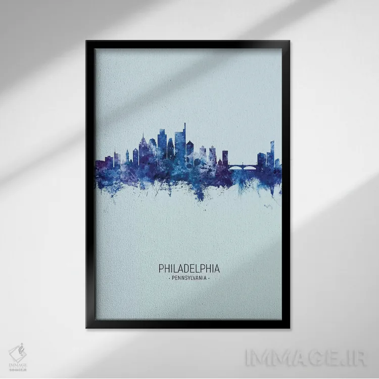 تابلو دکوراتیو خط افق پرتره فیلادلفیا آبی تیره اثر مایکل تامپست - نمای قابدار مشکی