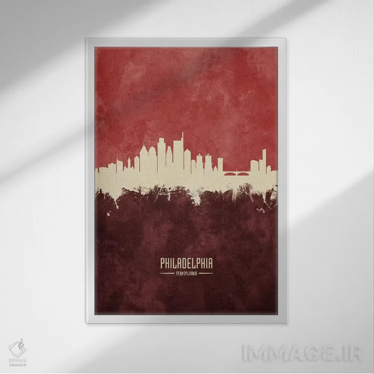 تابلو دکوراتیو خط افق فیلادلفیا بورگاندی اثر مایکل تامپست - نمای قابدار سفید