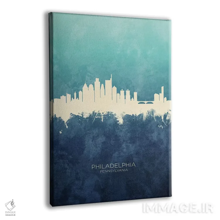 تابلو دکوراتیو خط افق فیلادلفیا سرمه ای فیروزه ای اثر مایکل تامپست - نمای پرسپکتیو محصول