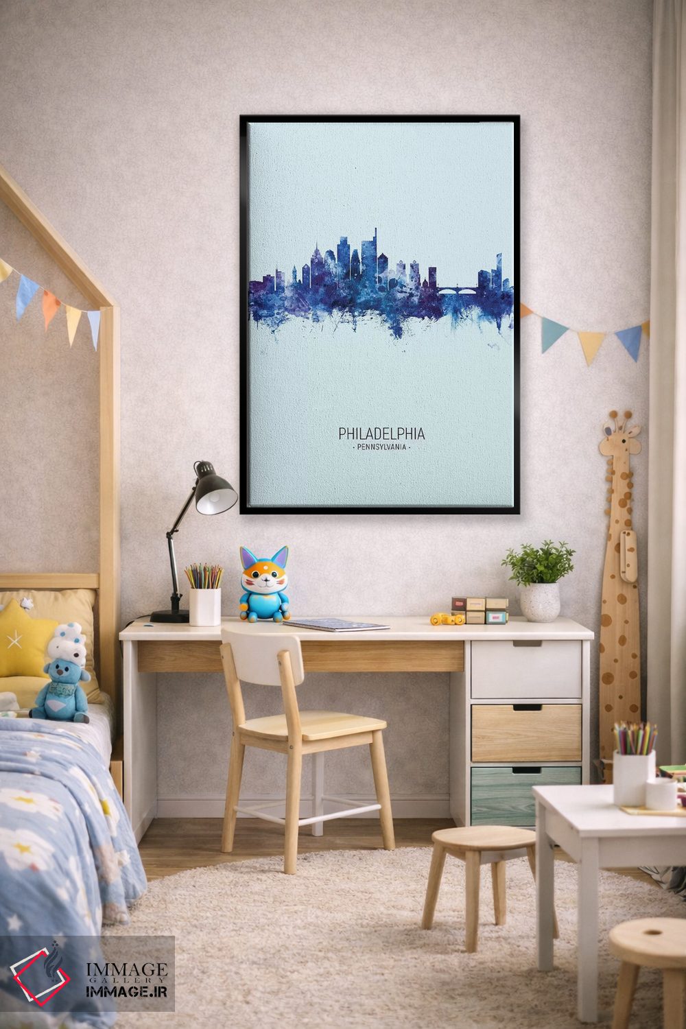 تابلو دکوراتیو خط افق پرتره فیلادلفیا آبی تیره اثر مایکل تامپست - D3B