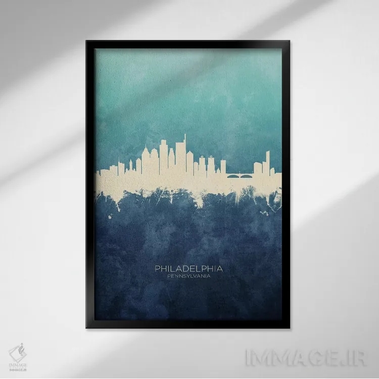 تابلو دکوراتیو خط افق فیلادلفیا سرمه ای فیروزه ای اثر مایکل تامپست - نمای قابدار مشکی