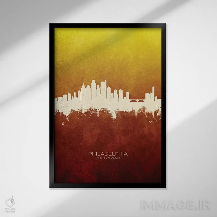 تابلو دکوراتیو خط افق فیلادلفیا قرمز و طلایی اثر مایکل تامپست - نمای قابدار مشکی