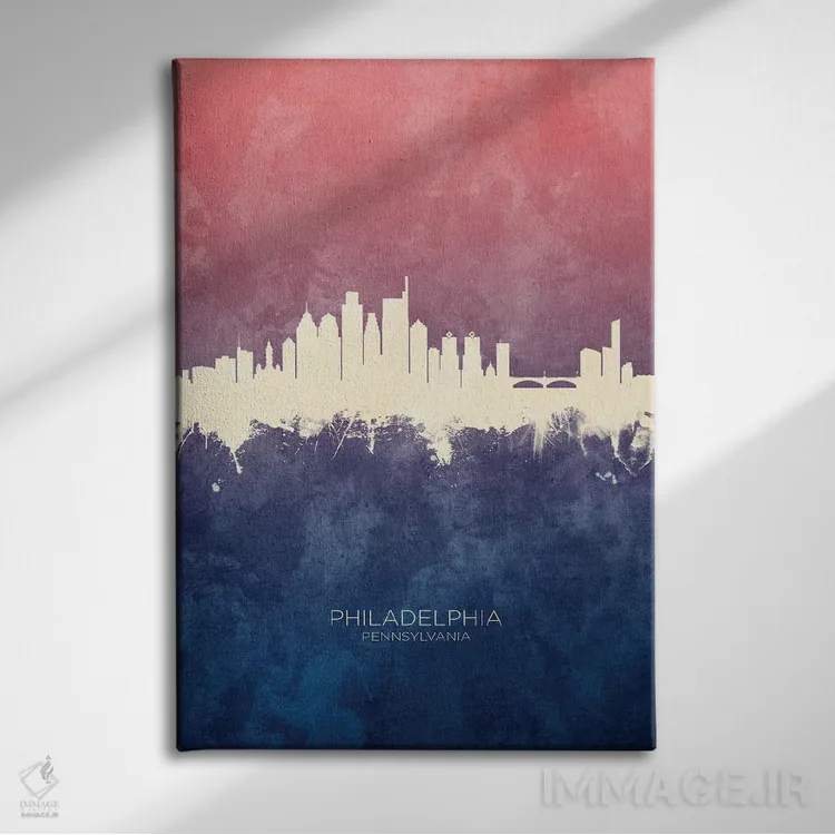 تابلو دکوراتیو خط افق فیلادلفیا با گل رز آبی اثر مایکل تامپست - نمای روبهرو روی دیوار