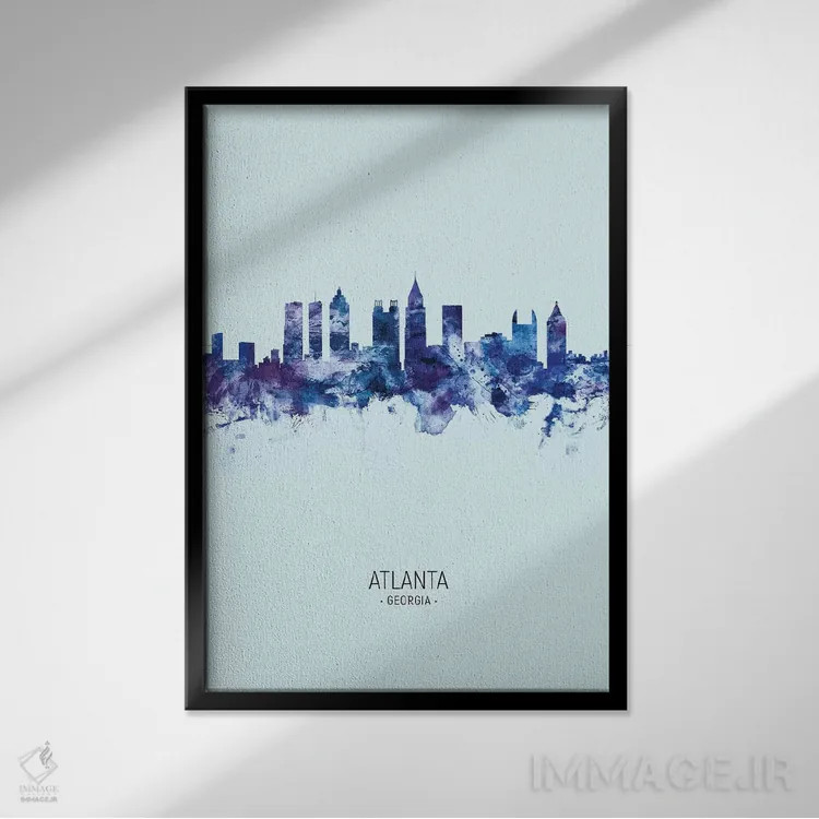 تابلو دکوراتیو خط افق آتلانتا جورجیا پرتره آبی تیره اثر مایکل تامپست - نمای قابدار مشکی