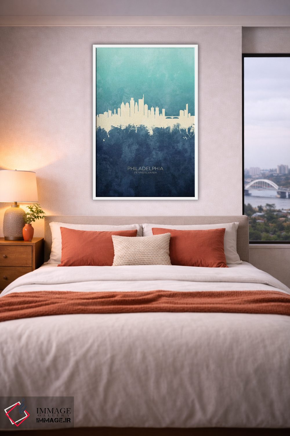 تابلو دکوراتیو خط افق فیلادلفیا سرمه ای فیروزه ای اثر مایکل تامپست - D3W