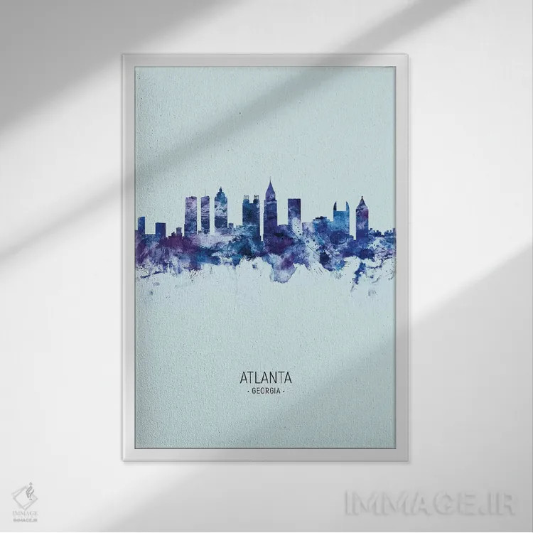 تابلو دکوراتیو خط افق آتلانتا جورجیا پرتره آبی تیره اثر مایکل تامپست - نمای قابدار سفید