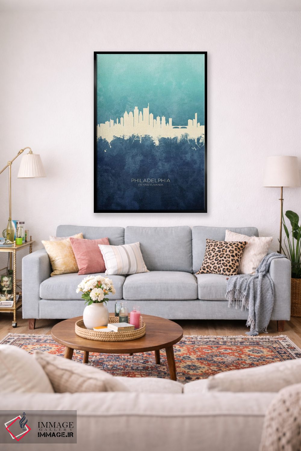 تابلو دکوراتیو خط افق فیلادلفیا سرمه ای فیروزه ای اثر مایکل تامپست - D2B
