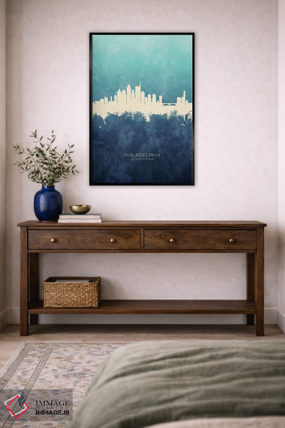 تابلو دکوراتیو خط افق فیلادلفیا سرمه ای فیروزه ای اثر مایکل تامپست - D5B