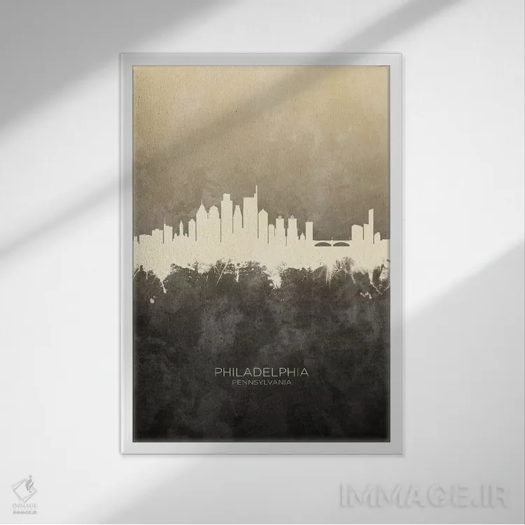 تابلو دکوراتیو خط افق فیلادلفیا پنسیلوانیا خاکستری مایل به قهوه ای اثر مایکل تامپست - نمای قابدار سفید